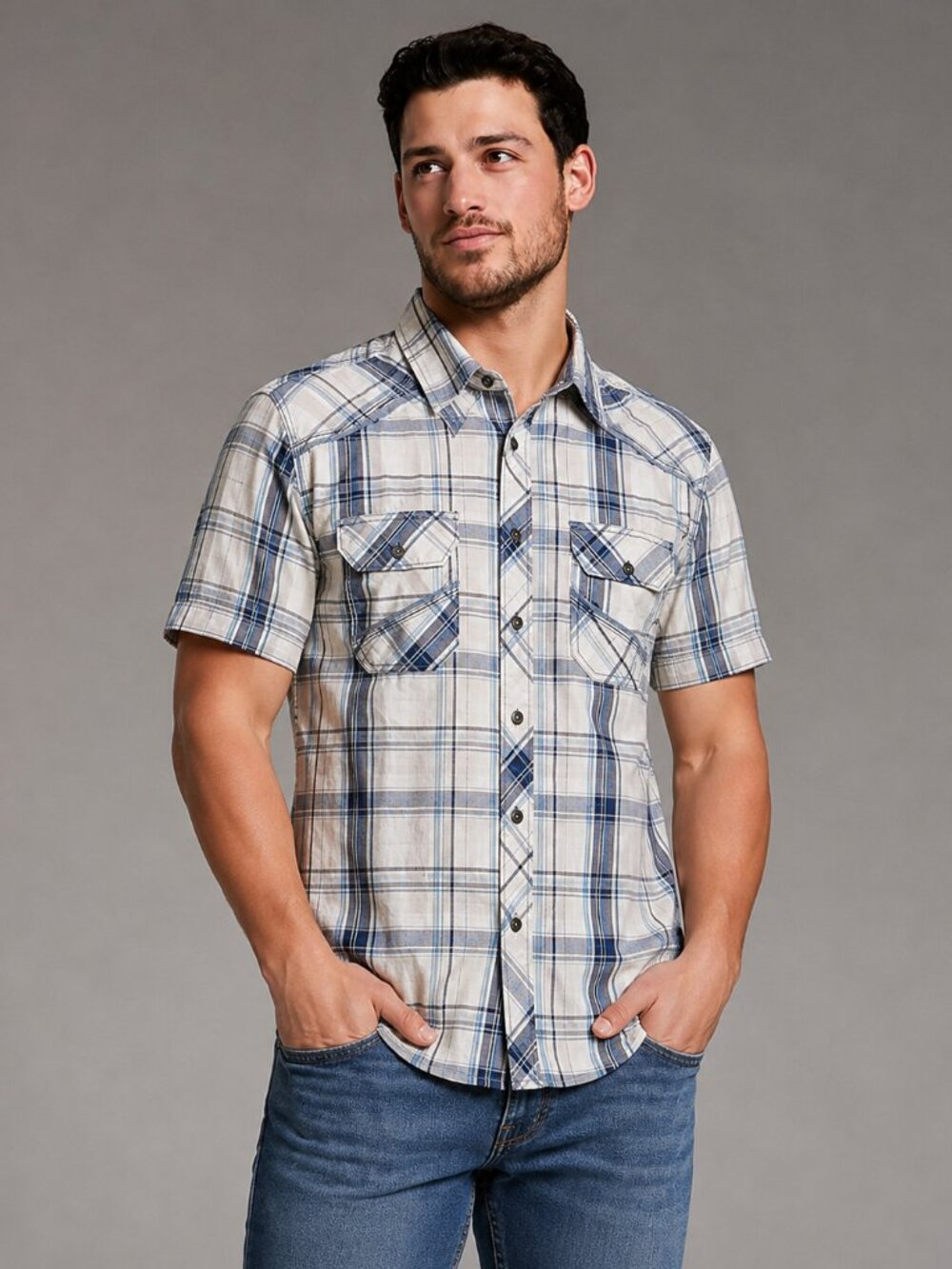 BKE Shirt Blue, White and Gray Plaid Short Sleeve Button Up Shirt size Large